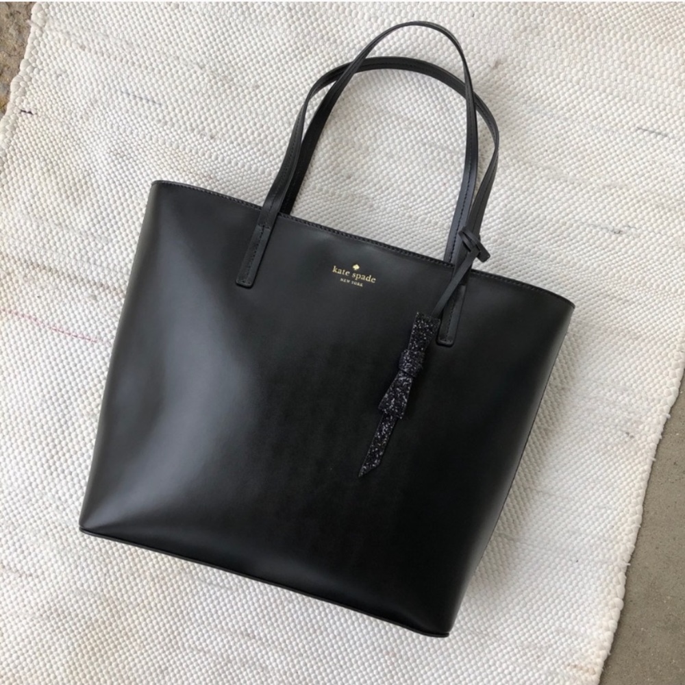 Kate Spade large black tote bag with glitter bow